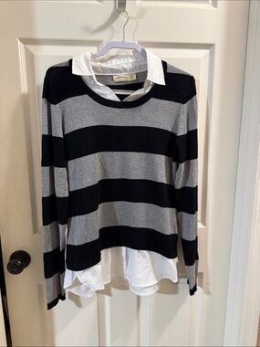 Faded Glory Black and Gray Layered-Look Sweater with White Shirt Detail